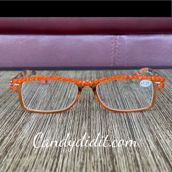 Translucent Orange Camo W/Orange Crystals Bling Reader Glasses With Case - Picture 3 of 11